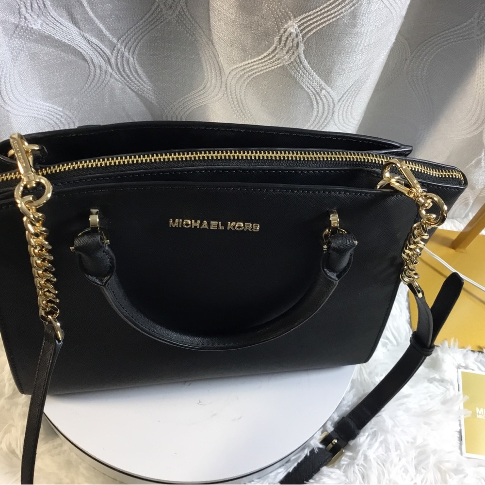 Michael Kors Black Saffiano Satchel with Gold Chain Strap - Picture 2 of 8